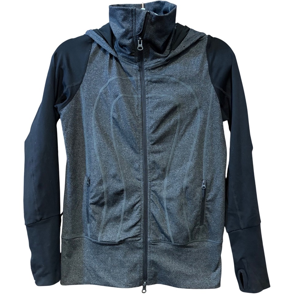 Lululemon Womens Size 6 Grey Black Full Zip Hooded Jacket Thumbholes‎ Activewear